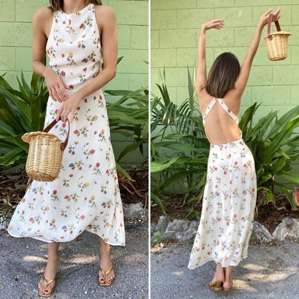 Reformation Harleen Floral Print Midi Dress Halter Neck Open Back Size 0